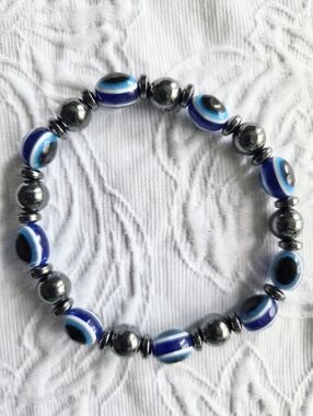 EVIL EYE Blue Glass Bead & Hematite Stretch Bracelet